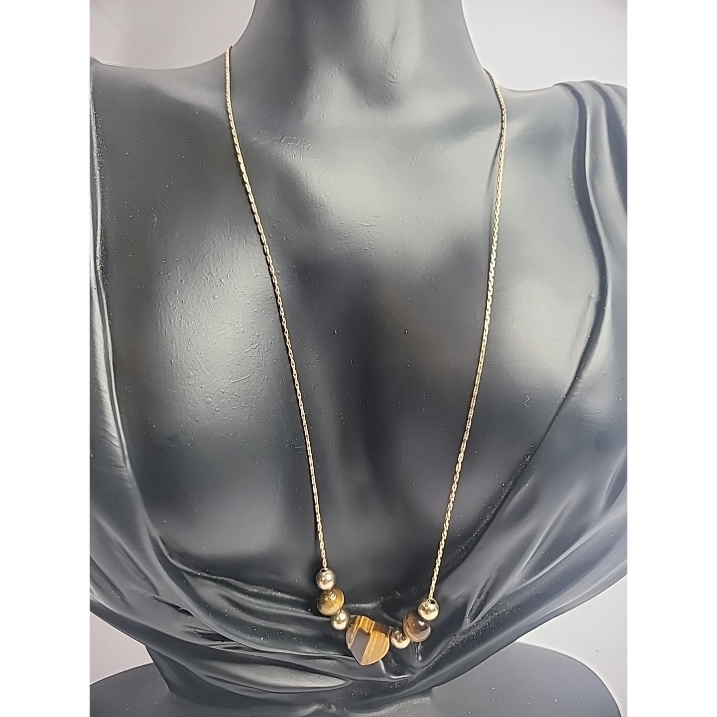 Vintage Gold Tone Chain Beaded Tigers Eye Heart Womens Jewelry Costume